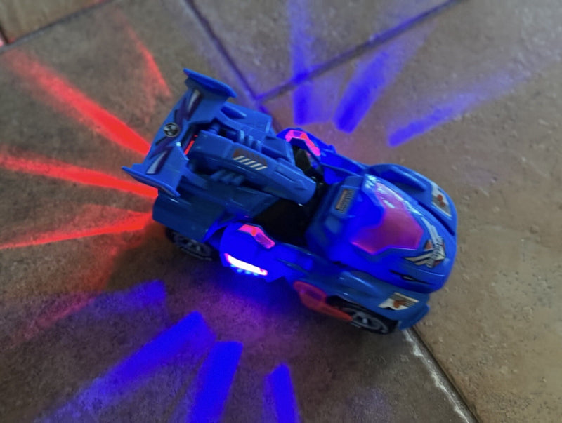 Mechanical Transforming Dinosaur Car Toy with LED Lights and Sound in Blue and Red