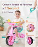 KRIDDO Pink Duck Bell 2-in-1 Tricycle for Toddlers 18 Months to 3 Years