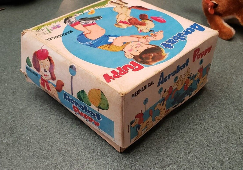 Vintage 1960s Working Wind-Up Acrobat Puppy Toy in Box