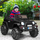 12V Black Kids Ride-On Truck with RC Control, Spring Suspension, LED Lights, and Music Trunk