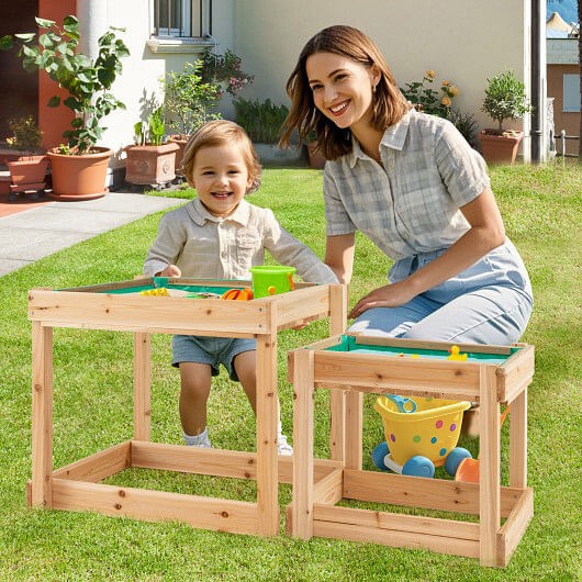 Wooden Sand and Water Table with Protective Cover for Kids, Natural Finish