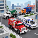 Set of 4 Friction-Driven Fire Truck and City Vehicle Toys for Children Ages 3-5 with Lights and More