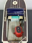 Classic Lang Craft Brown & White Wooden Toy Motorboat with Unused Engine and Original Box