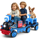 Blue 12V Electric 2-Seater Train with Carriage, Music, Lights, and Dual Speed