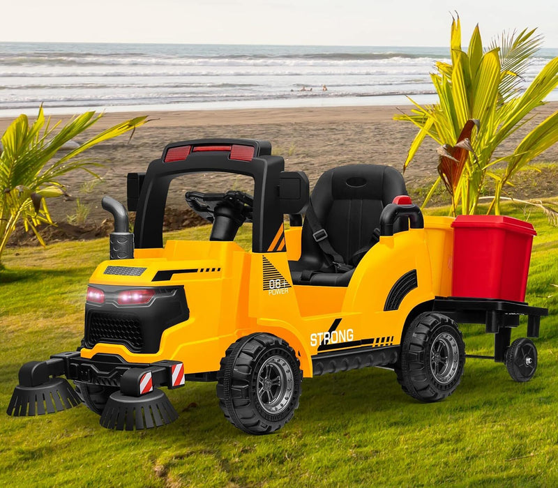 12V Kids Ride-On Construction Sweeper Truck with Trailer and Rubbish Bin Toy Car