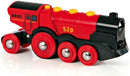Vibrant Red Wooden Battery-Powered Locomotive for Engaging Play