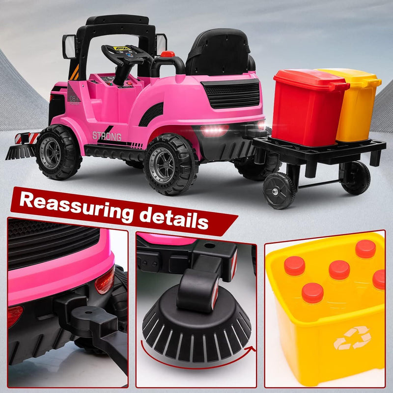 12V Kids Ride-On Construction Sweeper Truck with Trailer and Rubbish Bin Toy Car