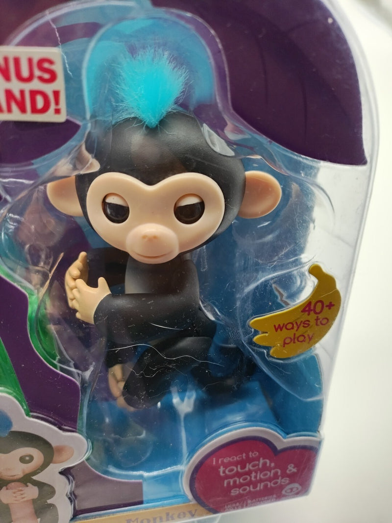 Interactive Baby Monkey Toy – Black with Blue Hair, Finger Sensing and Playful Sounds