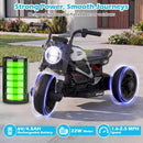 White 6V Kids Motorcycle with Music, Storytelling, LED Lights, Accelerator Pedal, and Three Wheels
