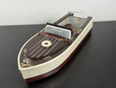 Classic Lang Craft Brown & White Wooden Toy Motorboat with Unused Engine and Original Box