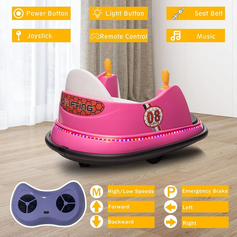 12V Kids Ride-On Bumper Car with Remote Control and 360° Spin Toddler Toy Pink