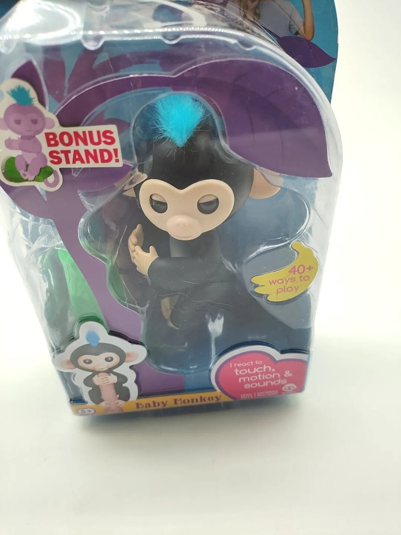 Interactive Baby Monkey Toy – Black with Blue Hair, Finger Sensing and Playful Sounds
