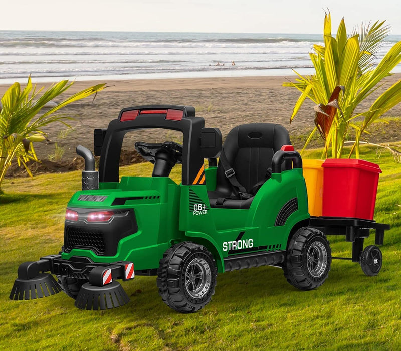 12V Kids Ride-On Construction Sweeper Truck with Trailer and Rubbish Bin Toy Car
