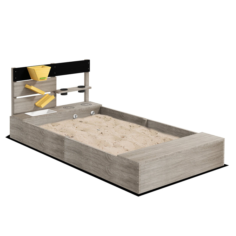 Wooden Sandbox with Liner and Kitchen Sink Design for Ages 3-7 Years Gray