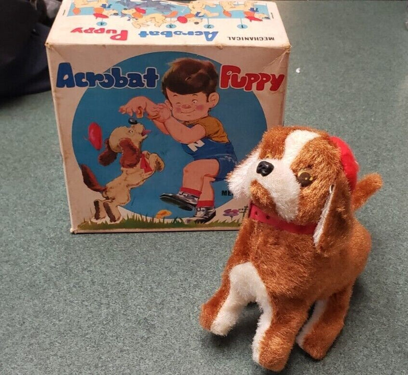 Vintage 1960s Working Wind-Up Acrobat Puppy Toy in Box