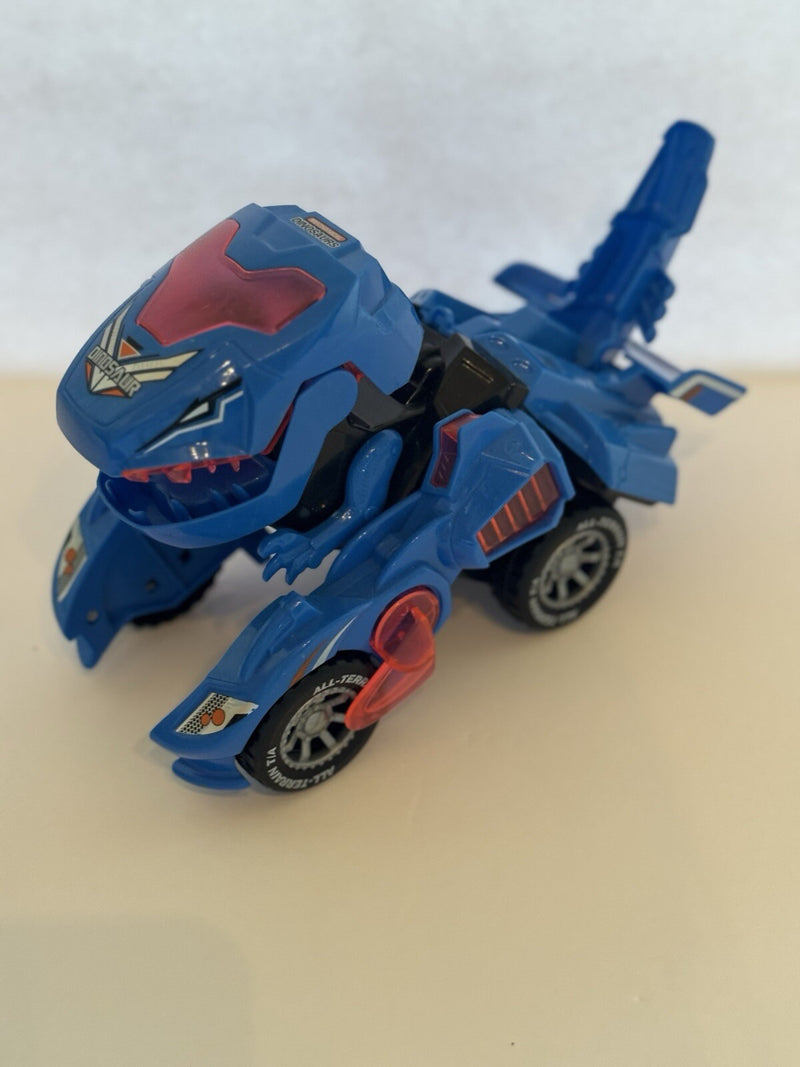 Mechanical Transforming Dinosaur Car Toy with LED Lights and Sound in Blue and Red