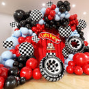 Race Car Balloon Arch Set - 184 Pieces with Flags, Tires, Checkered Patterns, and Red Balloons