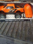 Turbo Wheels 1:28 Scale Ford F-150 with Jet Ski Trailer in Vibrant Orange