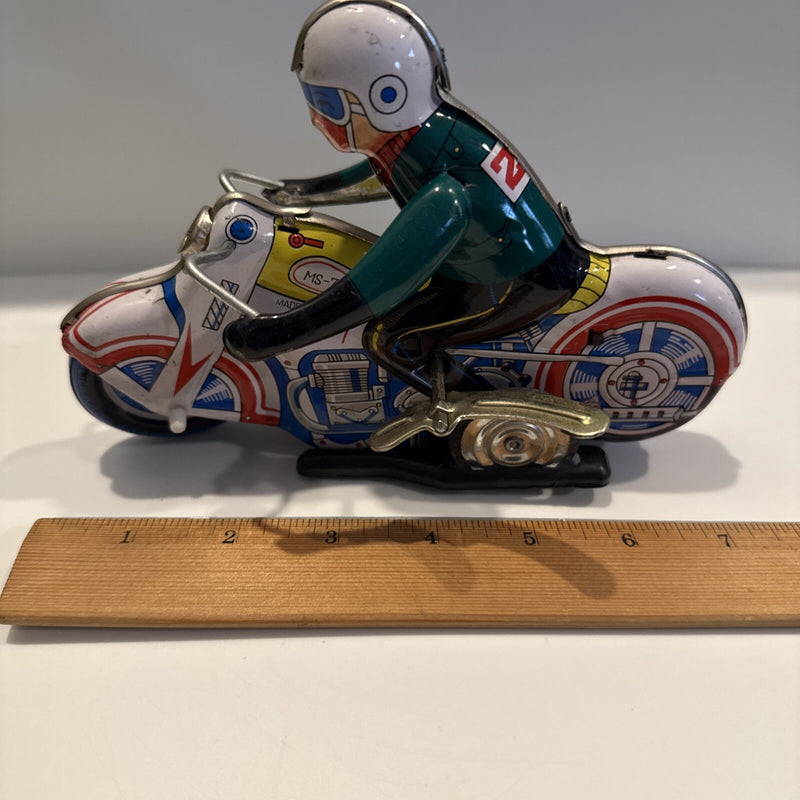 Vintage 1970s Mechanical Wind-Up Tin Toy Motorcycle