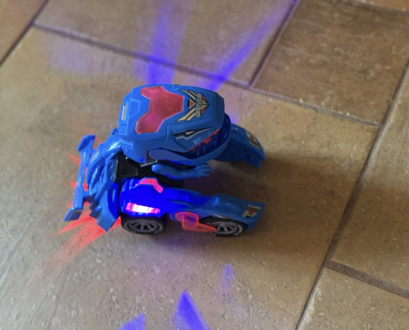 Mechanical Transforming Dinosaur Car Toy with LED Lights and Sound in Blue and Red