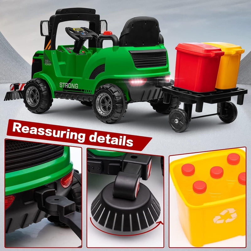 12V Kids Ride-On Construction Sweeper Truck with Trailer and Rubbish Bin Toy Car