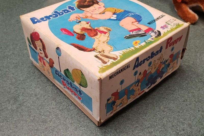 Vintage 1960s Working Wind-Up Acrobat Puppy Toy in Box