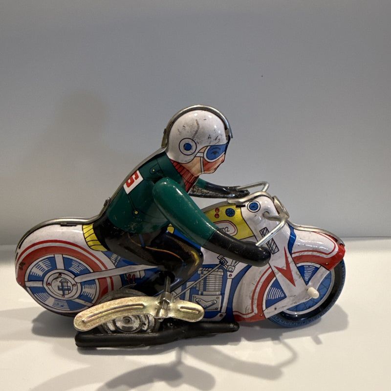 Vintage 1970s Mechanical Wind-Up Tin Toy Motorcycle