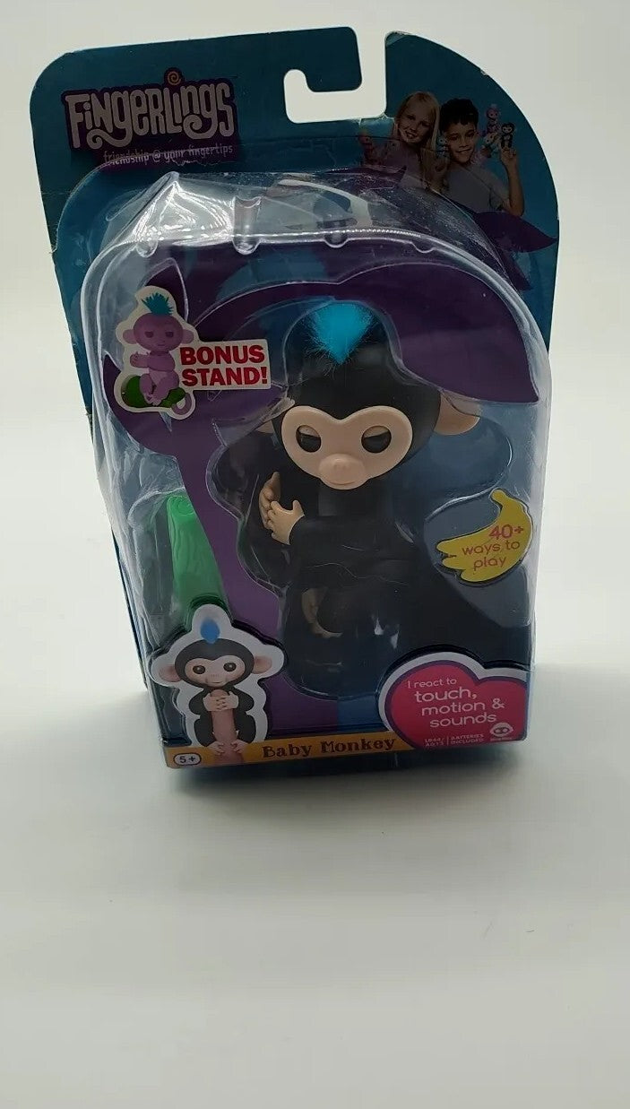 Interactive Baby Monkey Toy – Black with Blue Hair, Finger Sensing and Playful Sounds