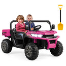 Pink 12V Ride-On UTV Dump Truck with Electric Dump Bed, Remote Control, and Shovel for Two Kids