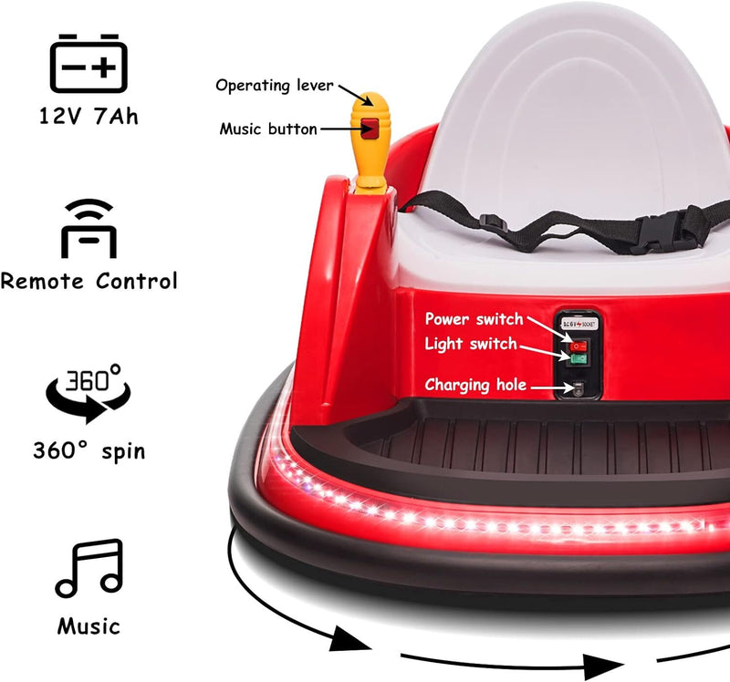 12V Kids Ride-On Bumper Car with Remote Control, 360° Spin, and Flashing Lights for Toddlers