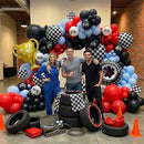 Race Car Balloon Arch Set - 162 Pieces with Trophies, Flags, Tires, Checkered Patterns, and Wheels