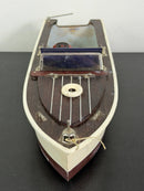 Classic Lang Craft Brown & White Wooden Toy Motorboat with Unused Engine and Original Box