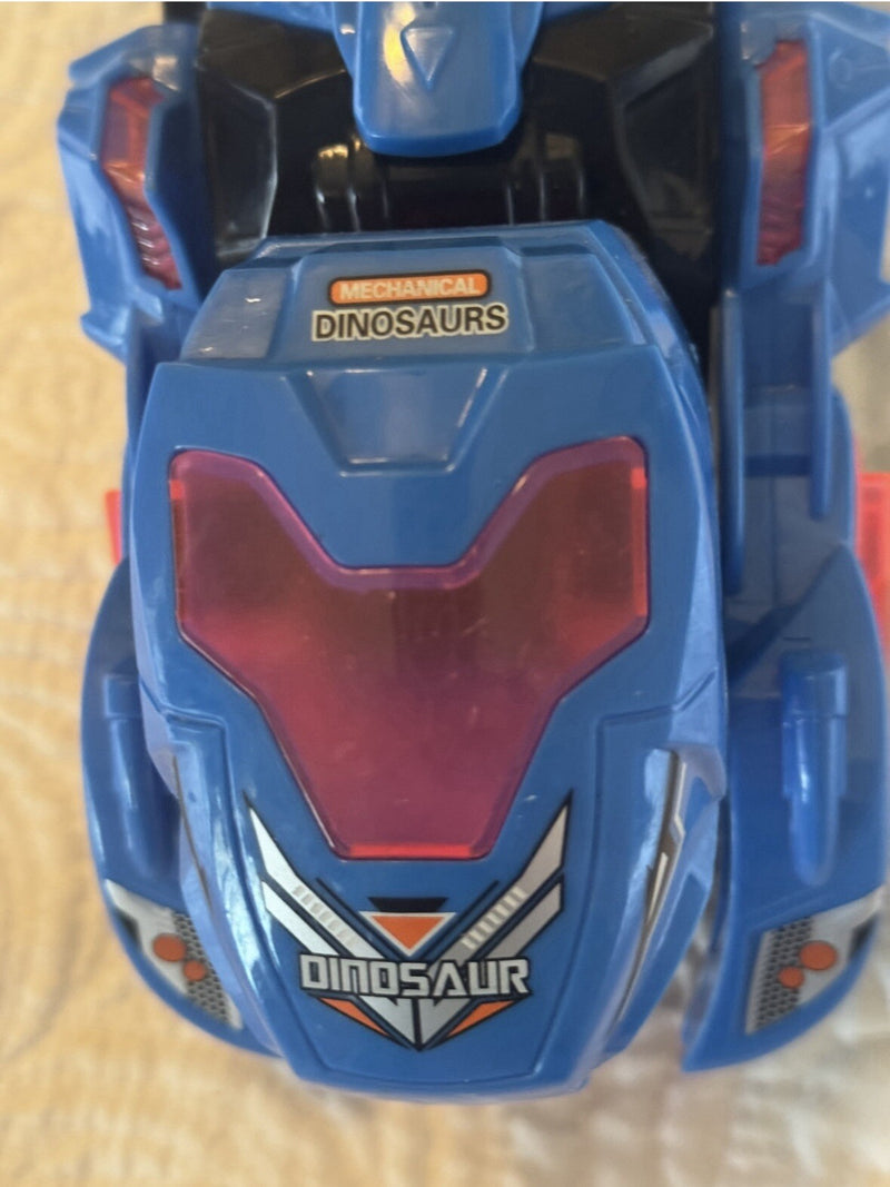 Mechanical Transforming Dinosaur Car Toy with LED Lights and Sound in Blue and Red
