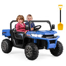 12V Blue Electric UTV Dump Truck with Remote Control, Shovel, and Dump Bed for Two Riders