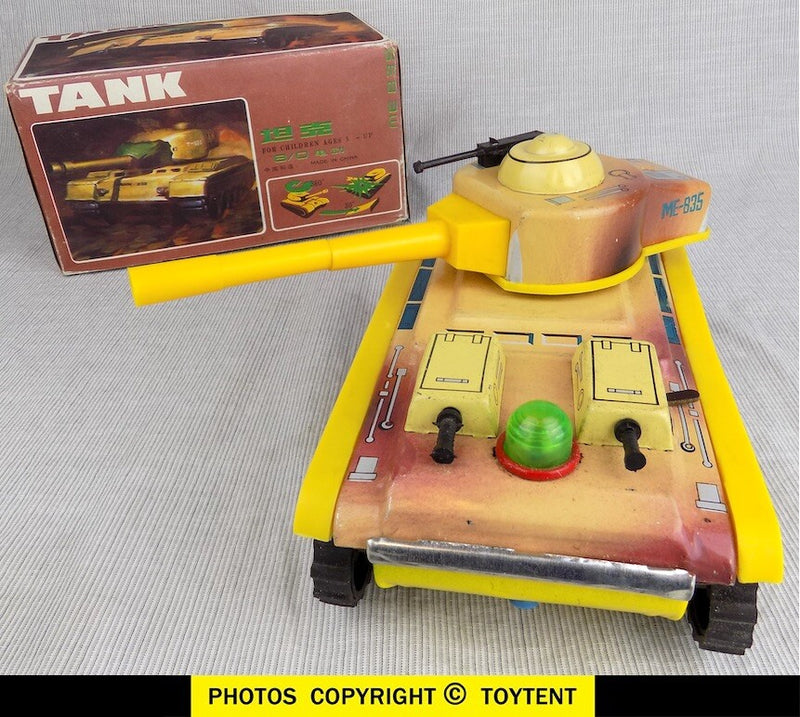 Yellow Army Tank ME-835 with Revolving Turret, Flashing Light, and Battery Operation in Original Box