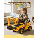 Kids' Yellow Excavator Digger Car with Music and Helmet, 55 lbs Capacity