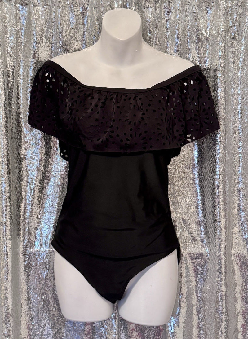 Women’s Medium Black Off-Shoulder One-Piece Swimsuit
