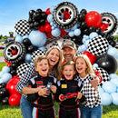 Race Car Balloon Arch Decoration Set with 200 Pieces in Checkered Black, Red, and Blue