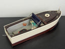 Classic Lang Craft Brown & White Wooden Toy Motorboat with Unused Engine and Original Box