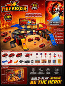 74-Piece Fire Rescue Track Building Set with Vehicles, Helicopter, and Traffic Signs for Children