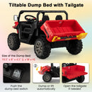 12V Red Electric Dump Truck with Remote Control and Shovel for Two Riders