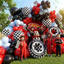 Race Car Balloon Arch Set - 184 Pieces with Flags, Tires, Checkered Patterns, and Red Balloons