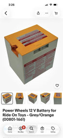 12V Power Wheels Battery for Ride-On Toys - Grey/Orange