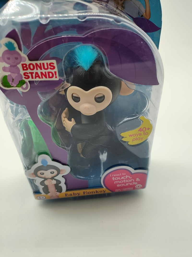 Interactive Baby Monkey Toy – Black with Blue Hair, Finger Sensing and Playful Sounds