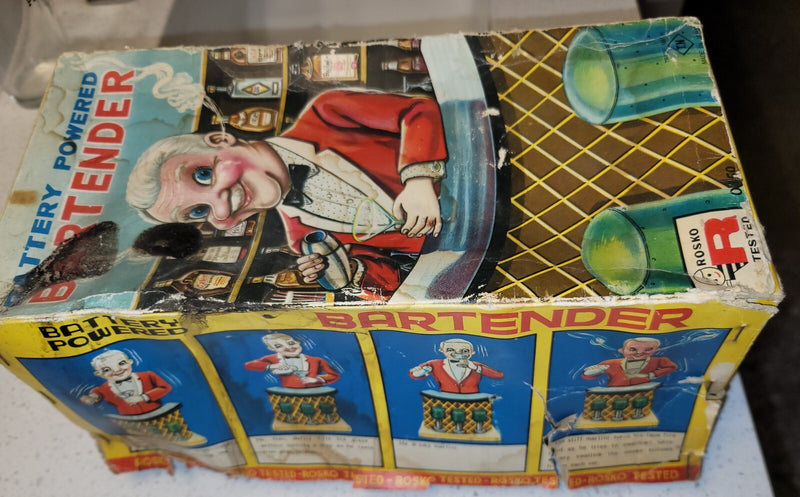 Battery-Operated Mechanical Tin Bartender Toy with Working Smoke and Dark Skin Design