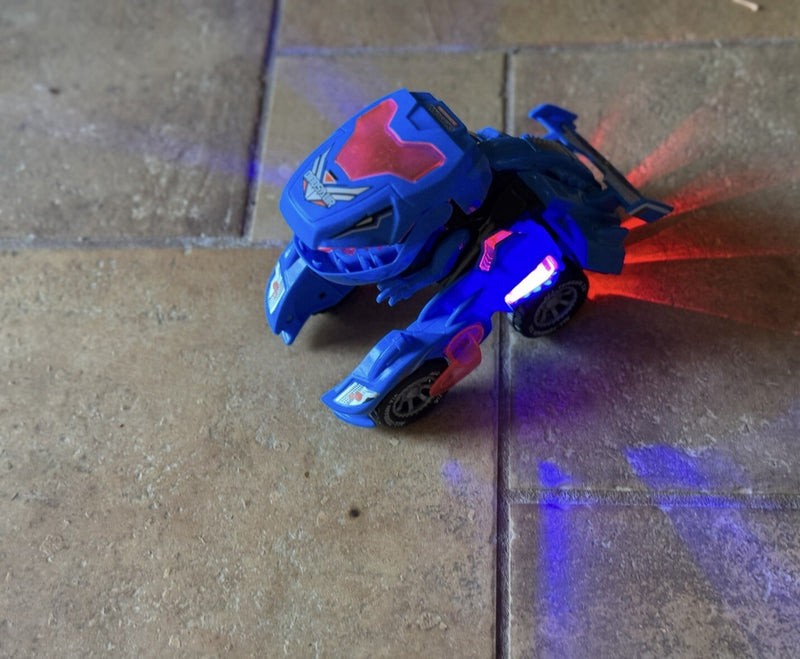 Mechanical Transforming Dinosaur Car Toy with LED Lights and Sound in Blue and Red
