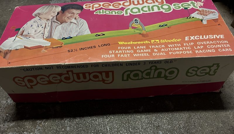 Vintage 4-Lane Speedway Racing Set with Original Box, Used Condition