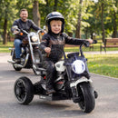White 6V Kids Motorcycle with Music, Storytelling, LED Lights, Accelerator Pedal, and Three Wheels