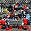 Race Car Balloon Arch Set - 162 Pieces with Trophies, Flags, Tires, Checkered Patterns, and Wheels