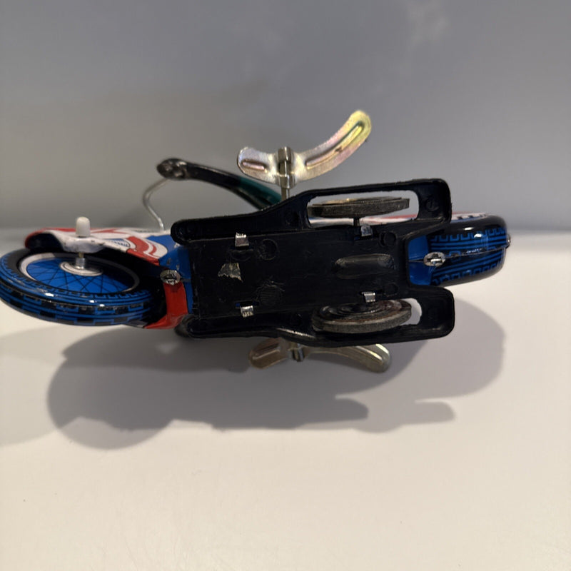 Vintage 1970s Mechanical Wind-Up Tin Toy Motorcycle